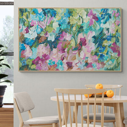 large colourful abstract canvas print of an modern expressive floral style of landscape with pink and blue flowers in bloom