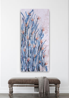 A large abstract painting of the Australian gardens in blues, apricot and peach