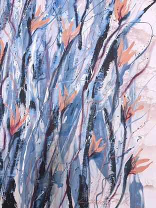 A large abstract painting of the Australian gardens in blues, apricot and peach