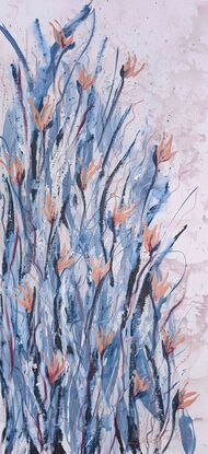 A large abstract painting of the Australian gardens in blues, apricot and peach