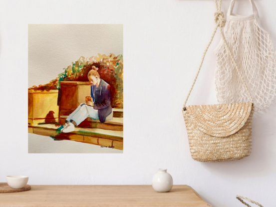 artwork showing a woman eating her lunch in a Prymont sunlit square