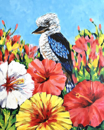 Kookaburra and Hibiscus flowers original painting by Irina Redine. Australian bird and tropical flowers one of a kind wall art on canvas.