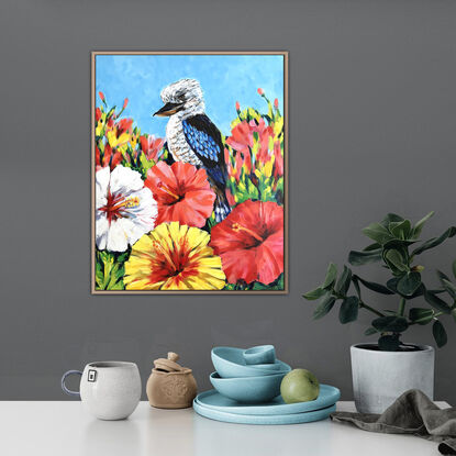 Kookaburra and Hibiscus flowers original painting by Irina Redine. Australian bird and tropical flowers one of a kind wall art on canvas.