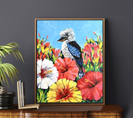 Kookaburra and Hibiscus flowers original painting by Irina Redine. Australian bird and tropical flowers one of a kind wall art on canvas.