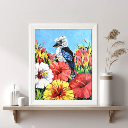 Kookaburra and Hibiscus flowers original painting by Irina Redine. Australian bird and tropical flowers one of a kind wall art on canvas.