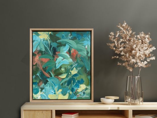 small green and blue tropical rainforest original painting 