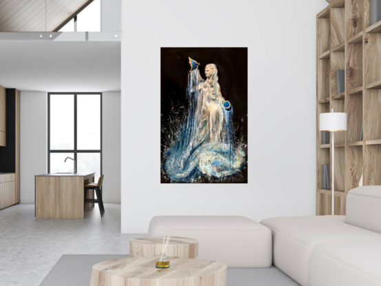 Created by Leni Kae, intuitive artist and writer from Sydney, Australia.  In this artwork, Aphrodite, the Greek Goddess of love and beauty is depicted rising from froth-laden waves. Painting of Aphrodite. 