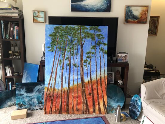 Australian landscape colours of Australian sienna earth, blue skies filled with the view of gumtrees