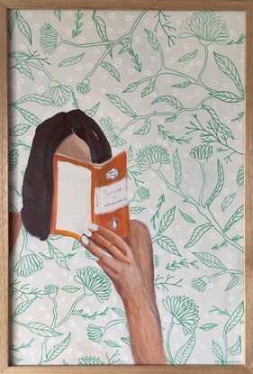 Beige background, woman reading book