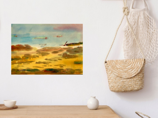 artwork showing a colourful sunrise over the sea