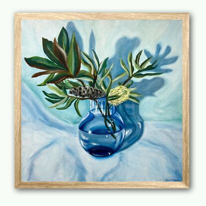 Still Life Blue Glass Vase of Native  Banksia and Magnolia leaf’s 