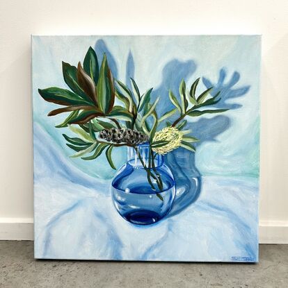 Still Life Blue Glass Vase of Native  Banksia and Magnolia leaf’s 