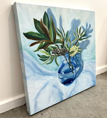 Still Life Blue Glass Vase of Native  Banksia and Magnolia leaf’s 