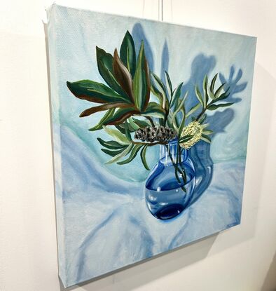 Still Life Blue Glass Vase of Native  Banksia and Magnolia leaf’s 