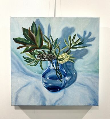 Still Life Blue Glass Vase of Native  Banksia and Magnolia leaf’s 