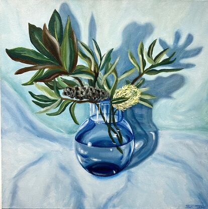 Still Life Blue Glass Vase of Native  Banksia and Magnolia leaf’s 