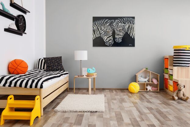 The expressions on the zebras' faces are enigmatic, hinting at a complex range of emotions. Perhaps there is a hint of curiosity, or maybe even a touch of affection, in the way they regard each other. Whatever the case may be, the painting invites the viewer to ponder the nature of the bond shared between these two animals