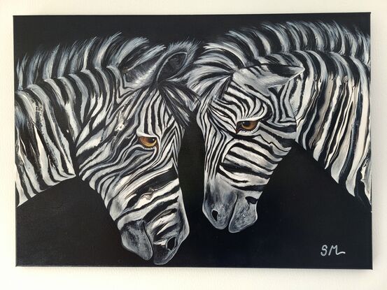 The expressions on the zebras' faces are enigmatic, hinting at a complex range of emotions. Perhaps there is a hint of curiosity, or maybe even a touch of affection, in the way they regard each other. Whatever the case may be, the painting invites the viewer to ponder the nature of the bond shared between these two animals