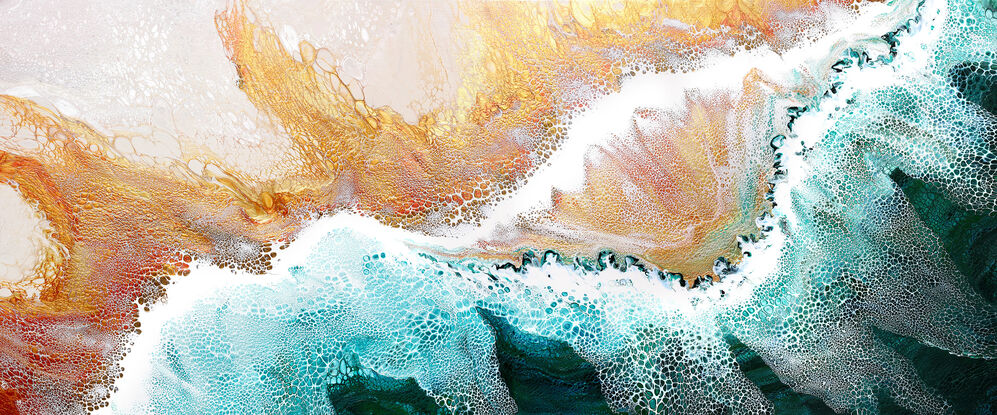 ABSTRACT painting that gives the impression of soothing ocean waves lapping in to soft sandy beach with slow easy waves creating crests of white..  The intricate mosaic pattern within the tonal green hues and tones of teal and aquamarine and deep blue hues and the glimmering metallics adds added interest and intrigue. The water seems to sparkle like jewels. The copper helps the warer look like churning waters on the shore...
The closer you get to the painting the more of the interesting details and patterns you can see. Metallics add an extra depth because the painting changes personality when one views from different angles.
although it is an impressionistic abstract, it still has a sense of motion of waves moving and frothing white!