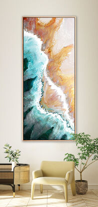 ABSTRACT painting that gives the impression of soothing ocean waves lapping in to soft sandy beach with slow easy waves creating crests of white..  The intricate mosaic pattern within the tonal green hues and tones of teal and aquamarine and deep blue hues and the glimmering metallics adds added interest and intrigue. The water seems to sparkle like jewels. The copper helps the warer look like churning waters on the shore...
The closer you get to the painting the more of the interesting details and patterns you can see. Metallics add an extra depth because the painting changes personality when one views from different angles.
although it is an impressionistic abstract, it still has a sense of motion of waves moving and frothing white!