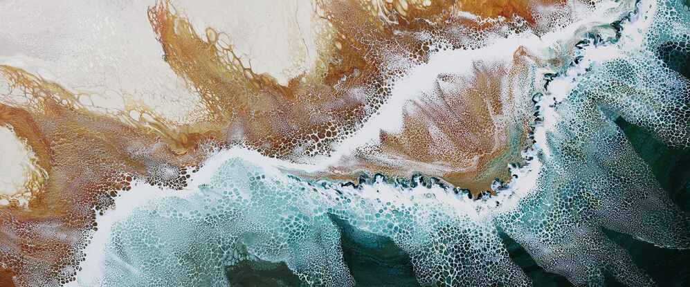 ABSTRACT painting that gives the impression of soothing ocean waves lapping in to soft sandy beach with slow easy waves creating crests of white..  The intricate mosaic pattern within the tonal green hues and tones of teal and aquamarine and deep blue hues and the glimmering metallics adds added interest and intrigue. The water seems to sparkle like jewels. The copper helps the warer look like churning waters on the shore...
The closer you get to the painting the more of the interesting details and patterns you can see. Metallics add an extra depth because the painting changes personality when one views from different angles.
although it is an impressionistic abstract, it still has a sense of motion of waves moving and frothing white!