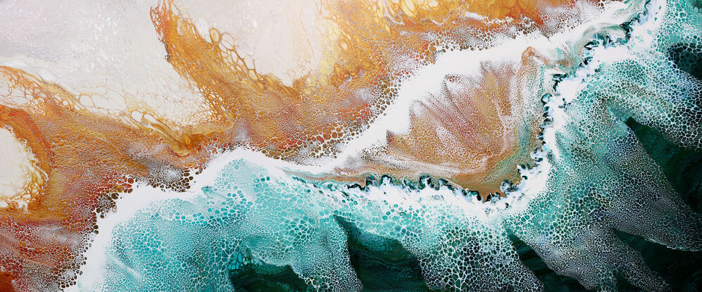 ABSTRACT painting that gives the impression of soothing ocean waves lapping in to soft sandy beach with slow easy waves creating crests of white..  The intricate mosaic pattern within the tonal green hues and tones of teal and aquamarine and deep blue hues and the glimmering metallics adds added interest and intrigue. The water seems to sparkle like jewels. The copper helps the warer look like churning waters on the shore...
The closer you get to the painting the more of the interesting details and patterns you can see. Metallics add an extra depth because the painting changes personality when one views from different angles.
although it is an impressionistic abstract, it still has a sense of motion of waves moving and frothing white!