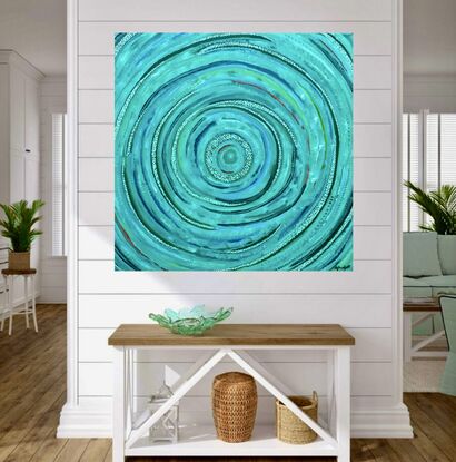 Concentric circles, representing ripples on a waterhole.  Soft pastel colours, bold green and blues