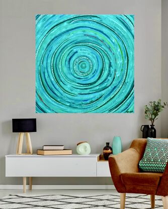 Concentric circles, representing ripples on a waterhole.  Soft pastel colours, bold green and blues