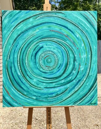 Concentric circles, representing ripples on a waterhole.  Soft pastel colours, bold green and blues