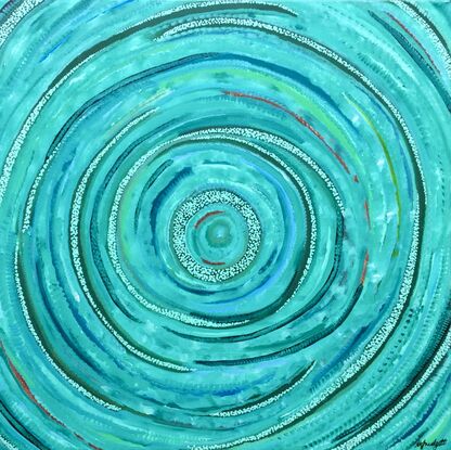 Concentric circles, representing ripples on a waterhole.  Soft pastel colours, bold green and blues