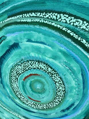 Concentric circles, representing ripples on a waterhole.  Soft pastel colours, bold green and blues