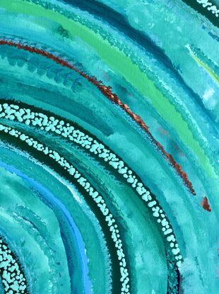 Concentric circles, representing ripples on a waterhole.  Soft pastel colours, bold green and blues