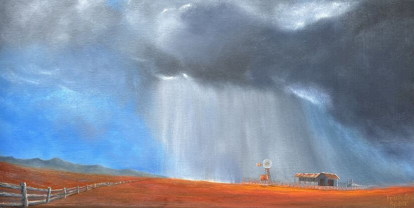 Downpour onto  Aussie outback farm shed and windmill.