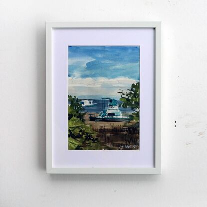 A watercolour painting made in a modern style captures houseboats sitting on mud amongst the mangroves at Dunwich on North Stradbroke Island. The artist made the painting while on location in a method referred to as 'en plein air'. This method grants the painting a fresh and expressive look that suits the subject of beached houseboats waiting for the tide to come back in. The artist strove to capture the colouring and tone of wet mud contrasted with shimmering mangrove tree foliage in the midday sun. Beyond the boats the freedom symbolised by the cloudless sky is conveyed through swift and loose passages of ultramarine and cerulean blue watercolour paint.