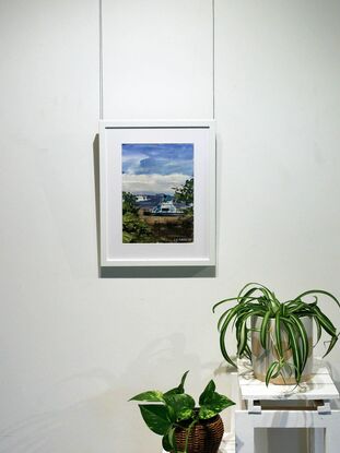 A watercolour painting made in a modern style captures houseboats sitting on mud amongst the mangroves at Dunwich on North Stradbroke Island. The artist made the painting while on location in a method referred to as 'en plein air'. This method grants the painting a fresh and expressive look that suits the subject of beached houseboats waiting for the tide to come back in. The artist strove to capture the colouring and tone of wet mud contrasted with shimmering mangrove tree foliage in the midday sun. Beyond the boats the freedom symbolised by the cloudless sky is conveyed through swift and loose passages of ultramarine and cerulean blue watercolour paint.