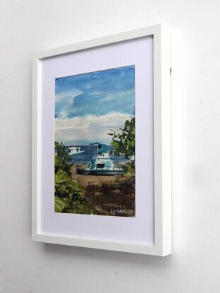 A watercolour painting made in a modern style captures houseboats sitting on mud amongst the mangroves at Dunwich on North Stradbroke Island. The artist made the painting while on location in a method referred to as 'en plein air'. This method grants the painting a fresh and expressive look that suits the subject of beached houseboats waiting for the tide to come back in. The artist strove to capture the colouring and tone of wet mud contrasted with shimmering mangrove tree foliage in the midday sun. Beyond the boats the freedom symbolised by the cloudless sky is conveyed through swift and loose passages of ultramarine and cerulean blue watercolour paint.