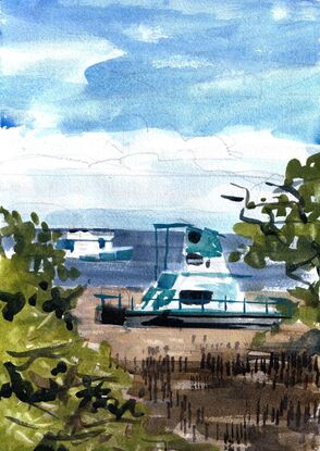 A watercolour painting made in a modern style captures houseboats sitting on mud amongst the mangroves at Dunwich on North Stradbroke Island. The artist made the painting while on location in a method referred to as 'en plein air'. This method grants the painting a fresh and expressive look that suits the subject of beached houseboats waiting for the tide to come back in. The artist strove to capture the colouring and tone of wet mud contrasted with shimmering mangrove tree foliage in the midday sun. Beyond the boats the freedom symbolised by the cloudless sky is conveyed through swift and loose passages of ultramarine and cerulean blue watercolour paint.