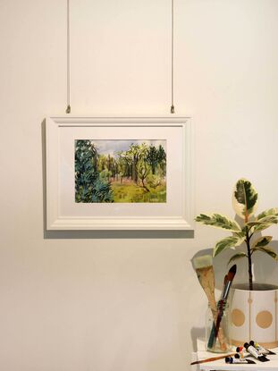 An arid meadow dotted with native Australian black pines bakes in the midday sun in this contemporary watercolour made en plein air. 