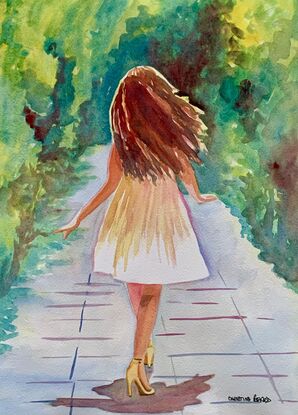  artwork showing a young woman dancing happily down the path