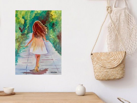  artwork showing a young woman dancing happily down the path