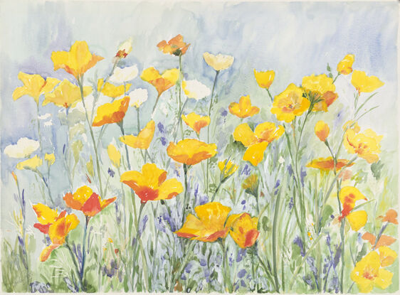 Large painting of poppy like yellow flowers.