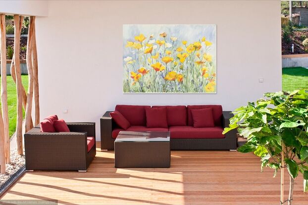 Large painting of poppy like yellow flowers.