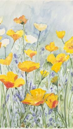 Large painting of poppy like yellow flowers.