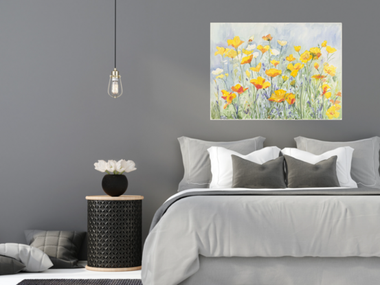 Large painting of poppy like yellow flowers.