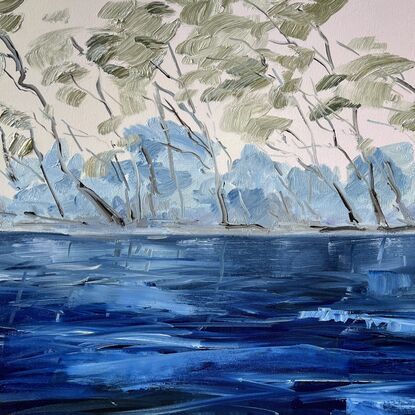 Oil painting by Meredith Howse depicts a picturesque lake nestled amidst Tea trees and Paper Bark trees, which imbue the water with distinctive  shades of blues, browns, greens.