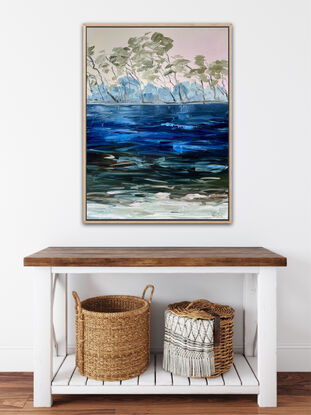 Oil painting by Meredith Howse depicts a picturesque lake nestled amidst Tea trees and Paper Bark trees, which imbue the water with distinctive  shades of blues, browns, greens.