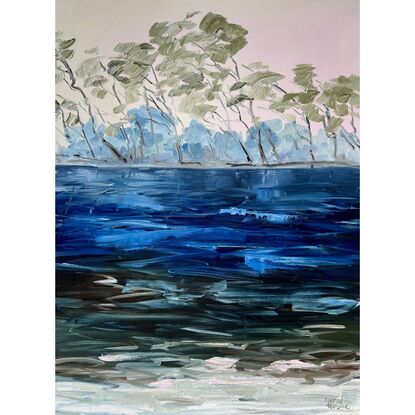 Oil painting by Meredith Howse depicts a picturesque lake nestled amidst Tea trees and Paper Bark trees, which imbue the water with distinctive  shades of blues, browns, greens.