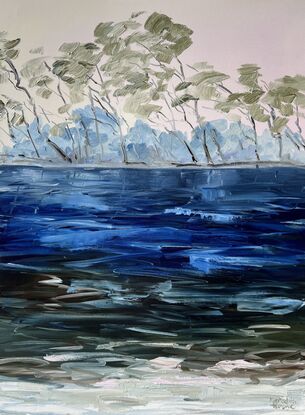 Oil painting by Meredith Howse depicts a picturesque lake nestled amidst Tea trees and Paper Bark trees, which imbue the water with distinctive  shades of blues, browns, greens.