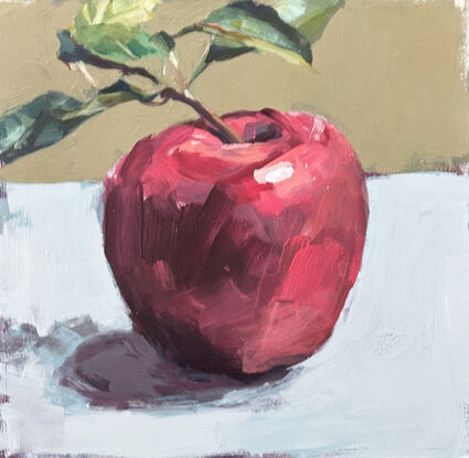 An original, expressive painting of an apple with leaves, painted on board in acrylic paints with visible brush work, ready to hang with chord fastened to the back. 