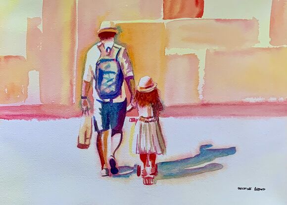 artwork showing a father walking hand in hand in the sunshine with his daughter as she scoots along